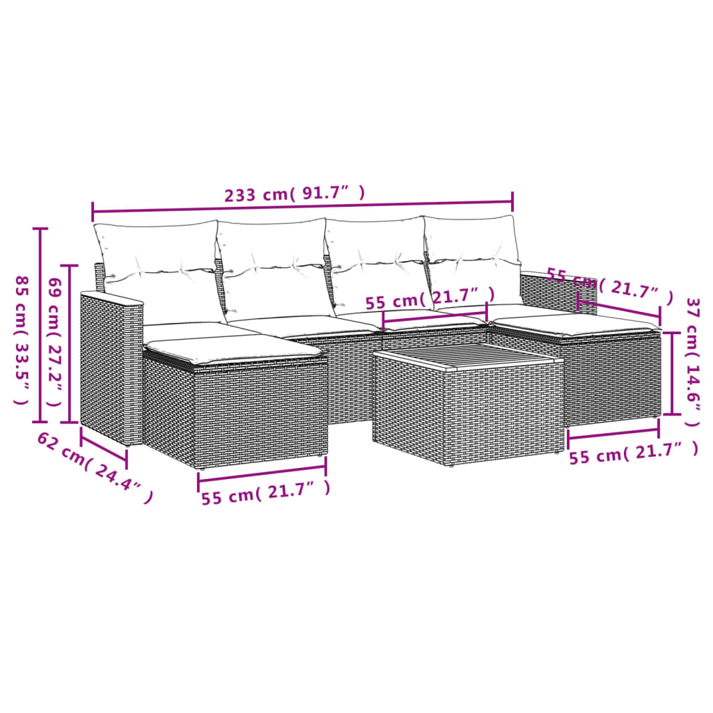 7 pcs conjunto sofás p/ jardim c/ almofadões vime PE cinzento - Image 7