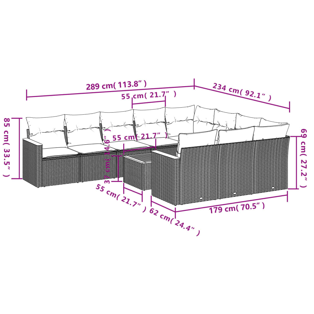 11 pcs conjunto sofás de jardim c/ almofadões vime PE bege - Image 7
