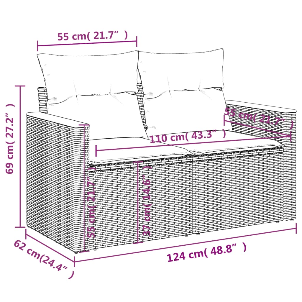 11 pcs conjunto sofás de jardim c/ almofadões vime PE bege - Image 10