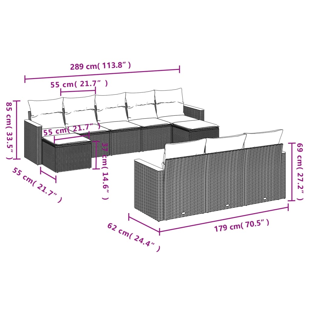 10 pcs conjunto de sofás p/ jardim com almofadões vime PE bege - Image 6