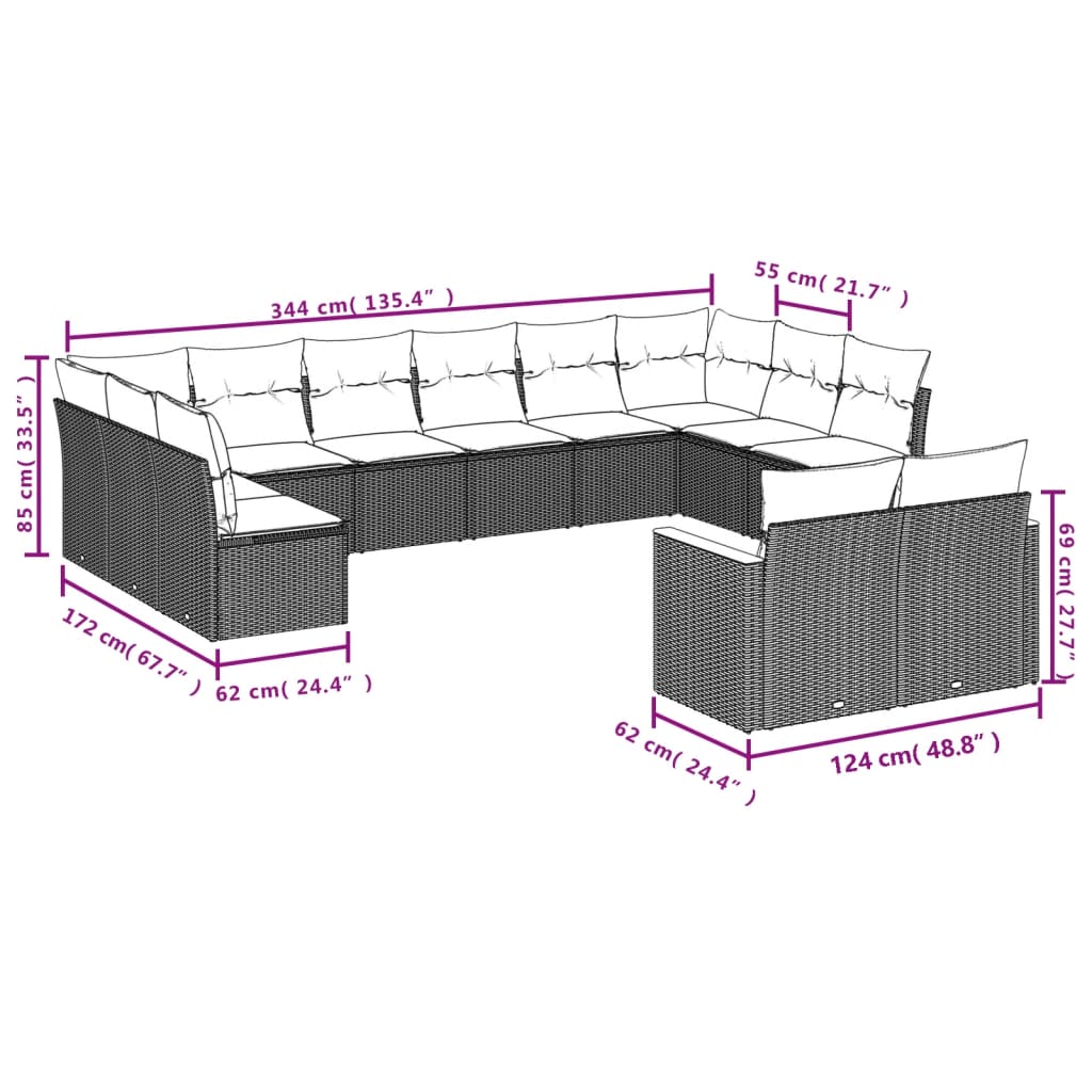 14 pcs conj. sofás jardim c/ almofadões vime PE bege misturado - Image 7