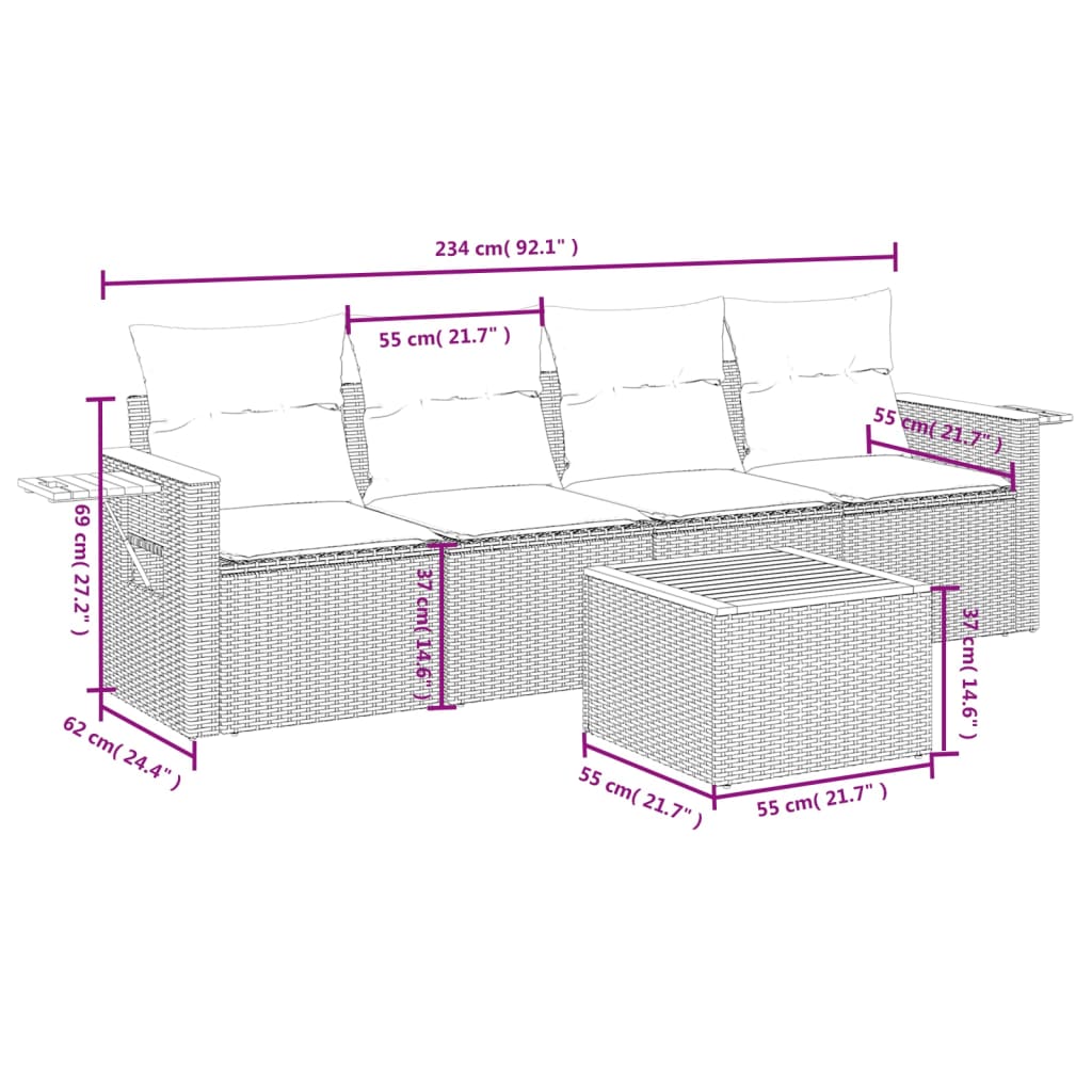 5 pcs conjunto sofás de jardim com almofadões vime PE preto - Image 7