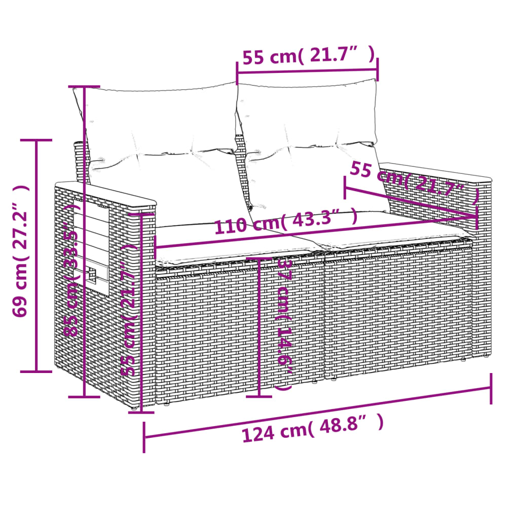 5 pcs conjunto sofás de jardim com almofadões vime PE preto - Image 9