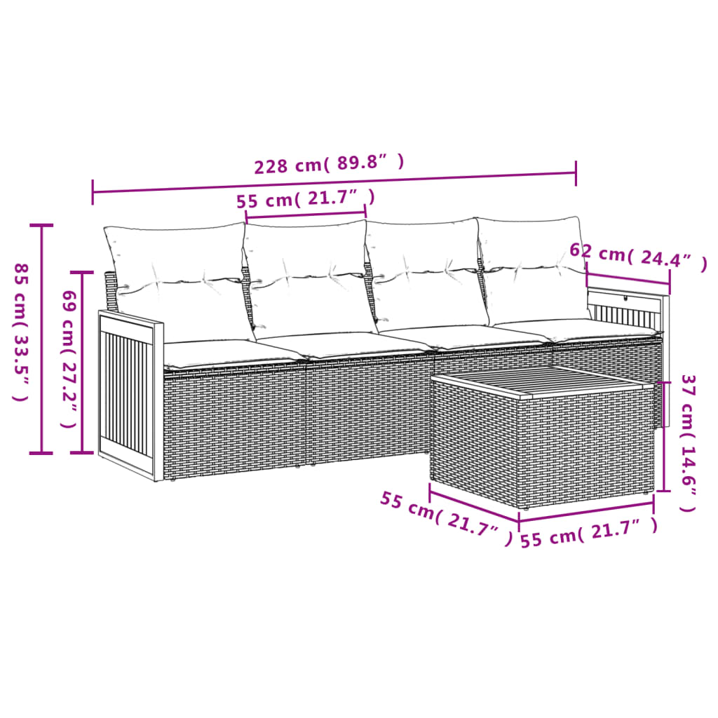 5 pcs conjunto de sofás p/ jardim com almofadões vime PE bege - Image 6