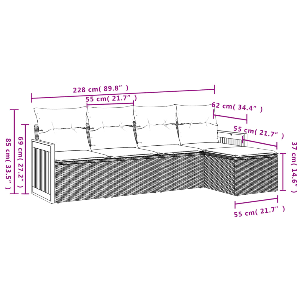 5 pcs conjunto de sofás p/ jardim com almofadões vime PE bege - Image 6