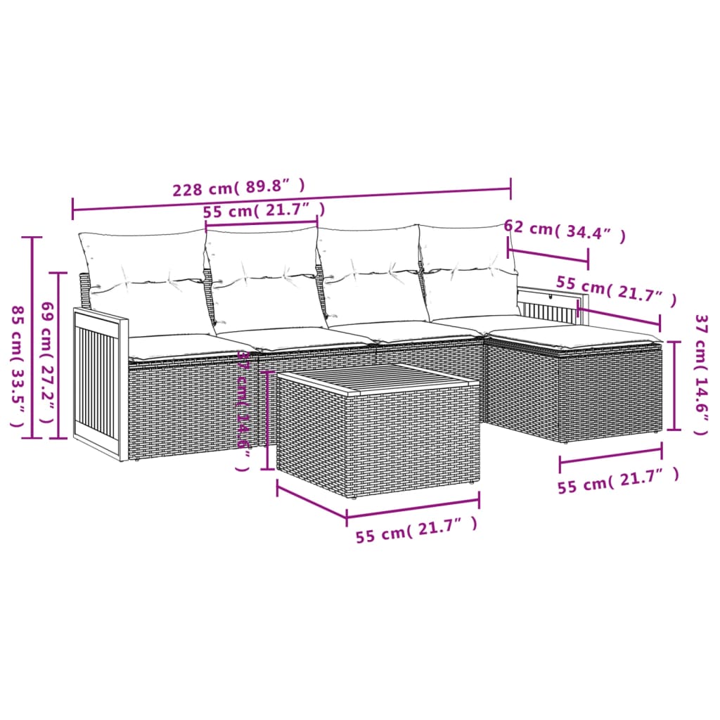 6 pcs conjunto sofás de jardim c/ almofadões vime PE preto - Image 7