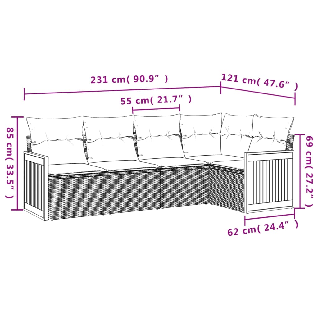 5 pcs conjunto sofás de jardim com almofadões vime PE preto - Image 6