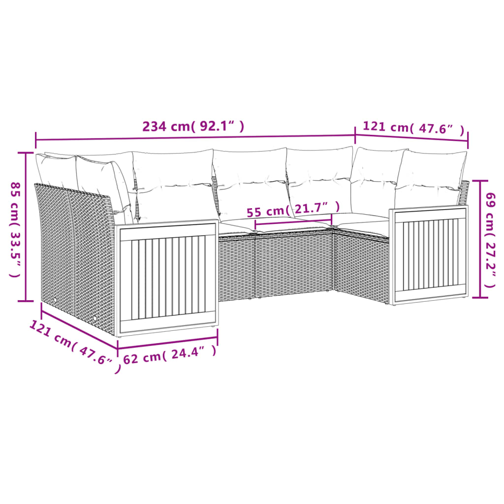 6 pcs conjunto sofás de jardim c/ almofadões vime PE preto - Image 6