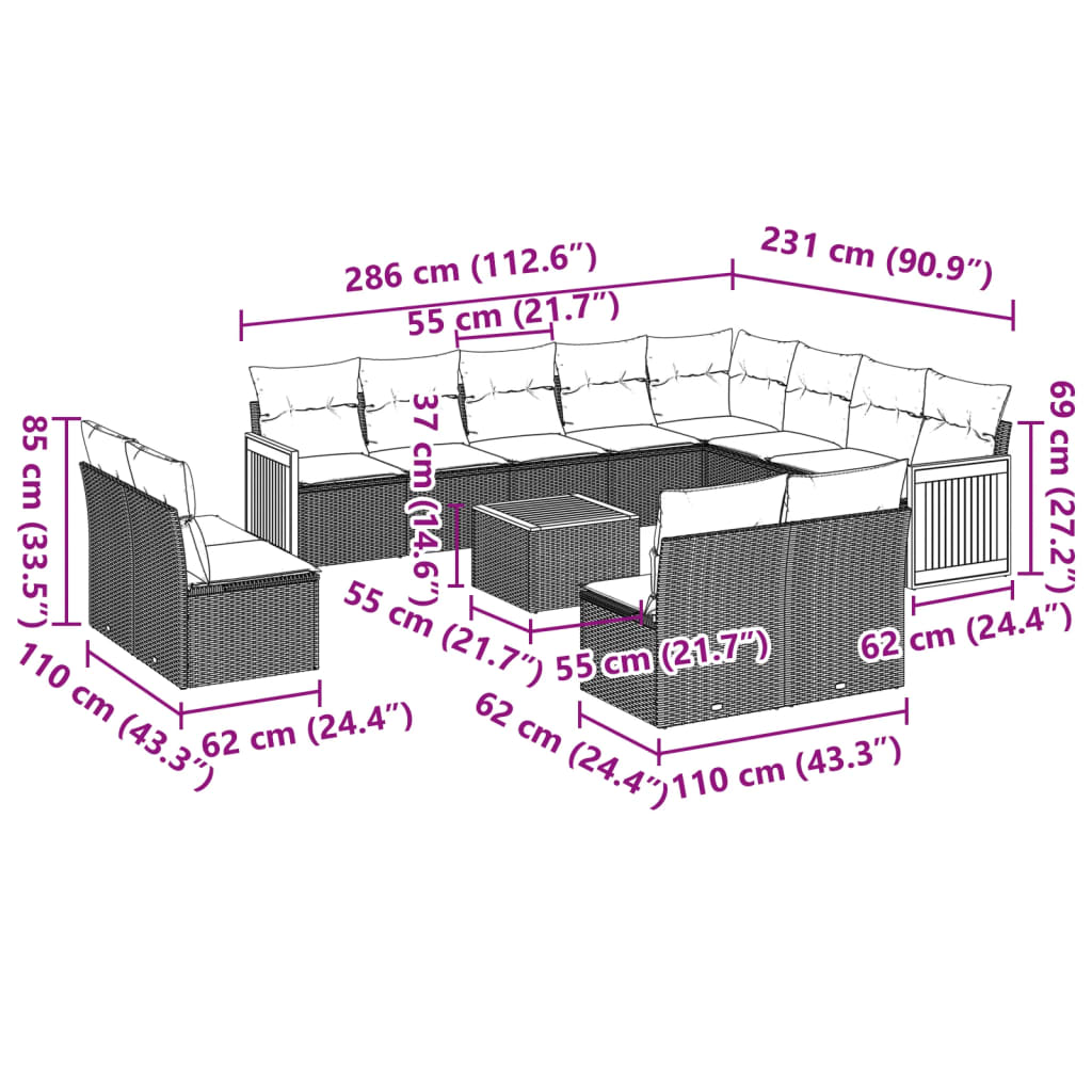 13 pcs conjunto de sofás p/ jardim com almofadões vime PE bege - Image 7