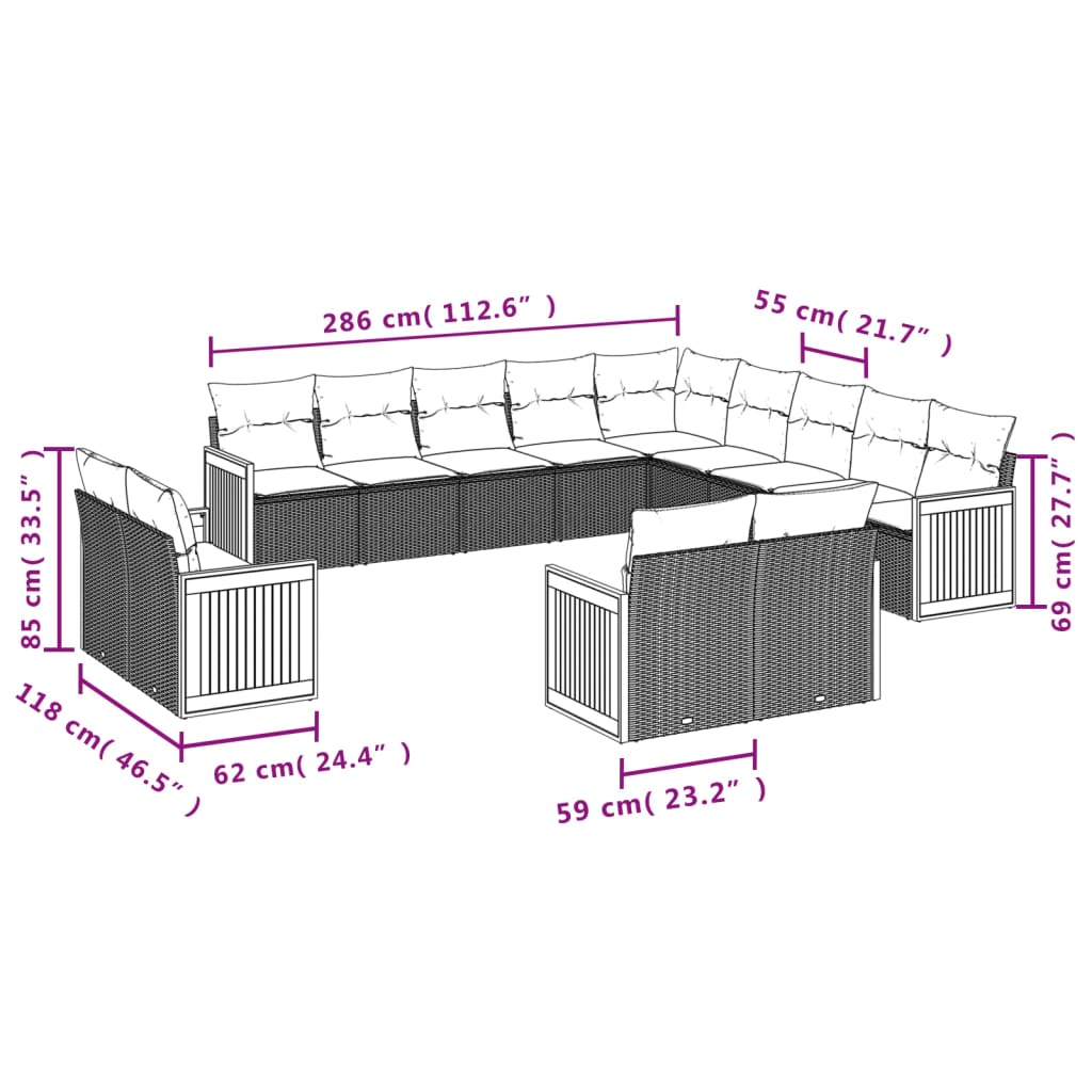 13 pcs conjunto de sofás p/ jardim com almofadões vime PE bege - Image 6