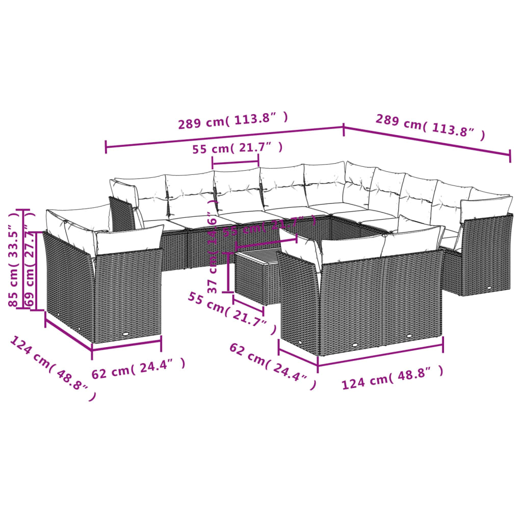 14 pcs conjunto de sofás p/ jardim c/ almofadões vime PE preto - Image 2