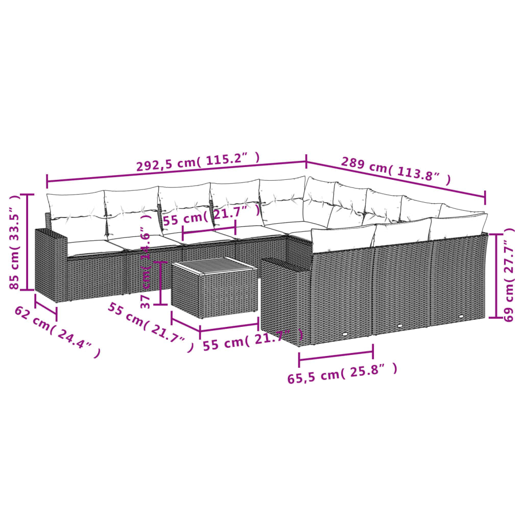 12 pcs conjunto de sofás p/ jardim com almofadões vime PE bege - Image 2