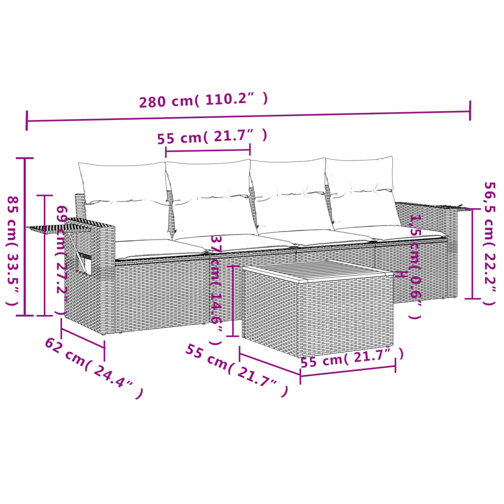 5 pcs conjunto de sofás p/ jardim com almofadões vime PE bege - Image 7