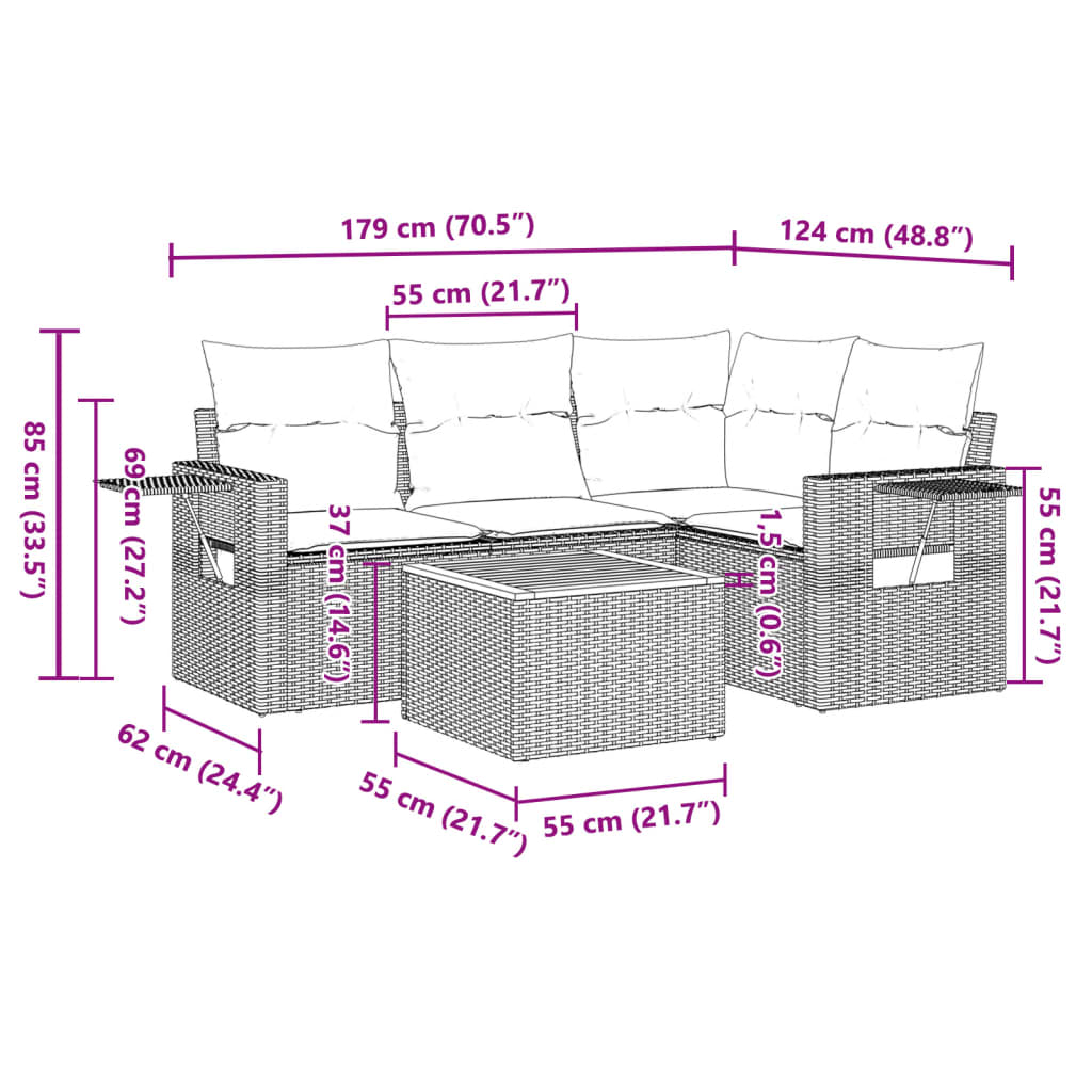 5 pcs conjunto sofás de jardim com almofadões vime PE preto - Image 8