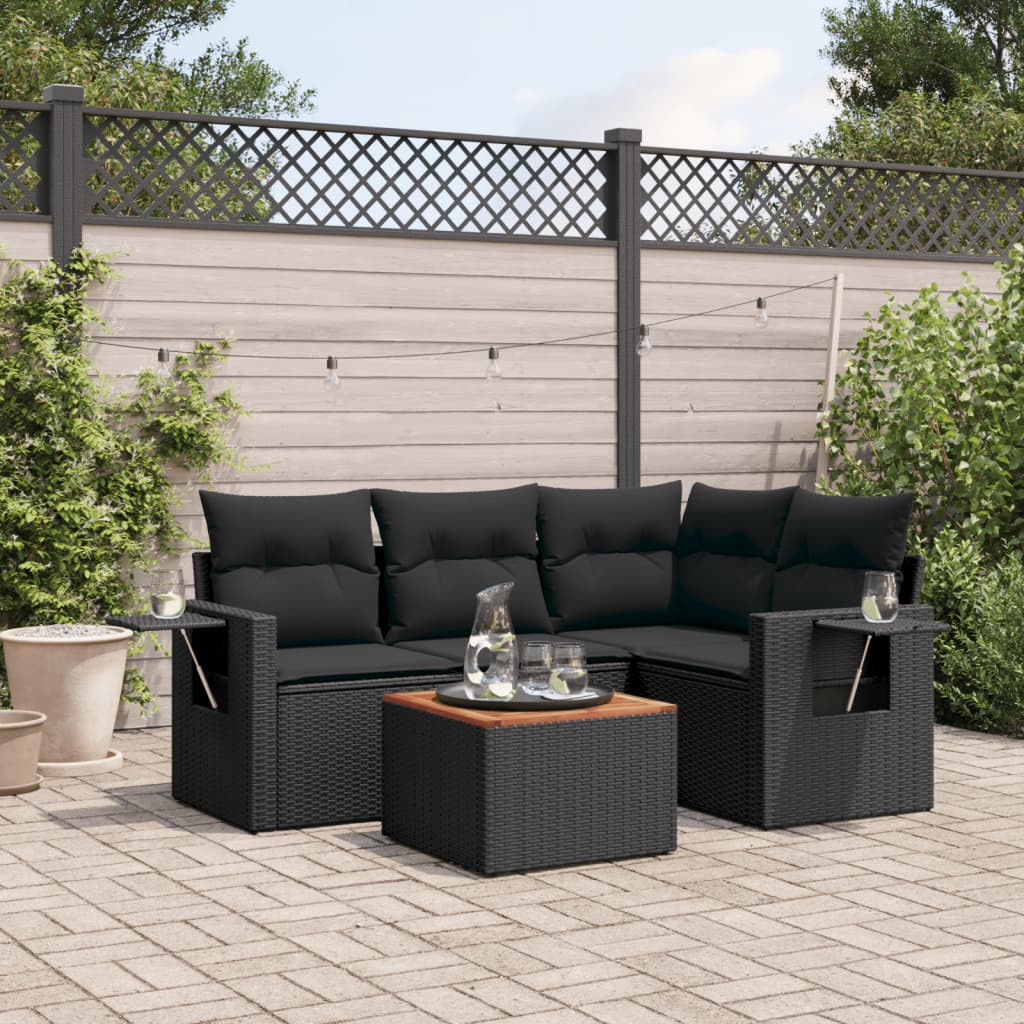 5 pcs conjunto sofás de jardim com almofadões vime PE preto