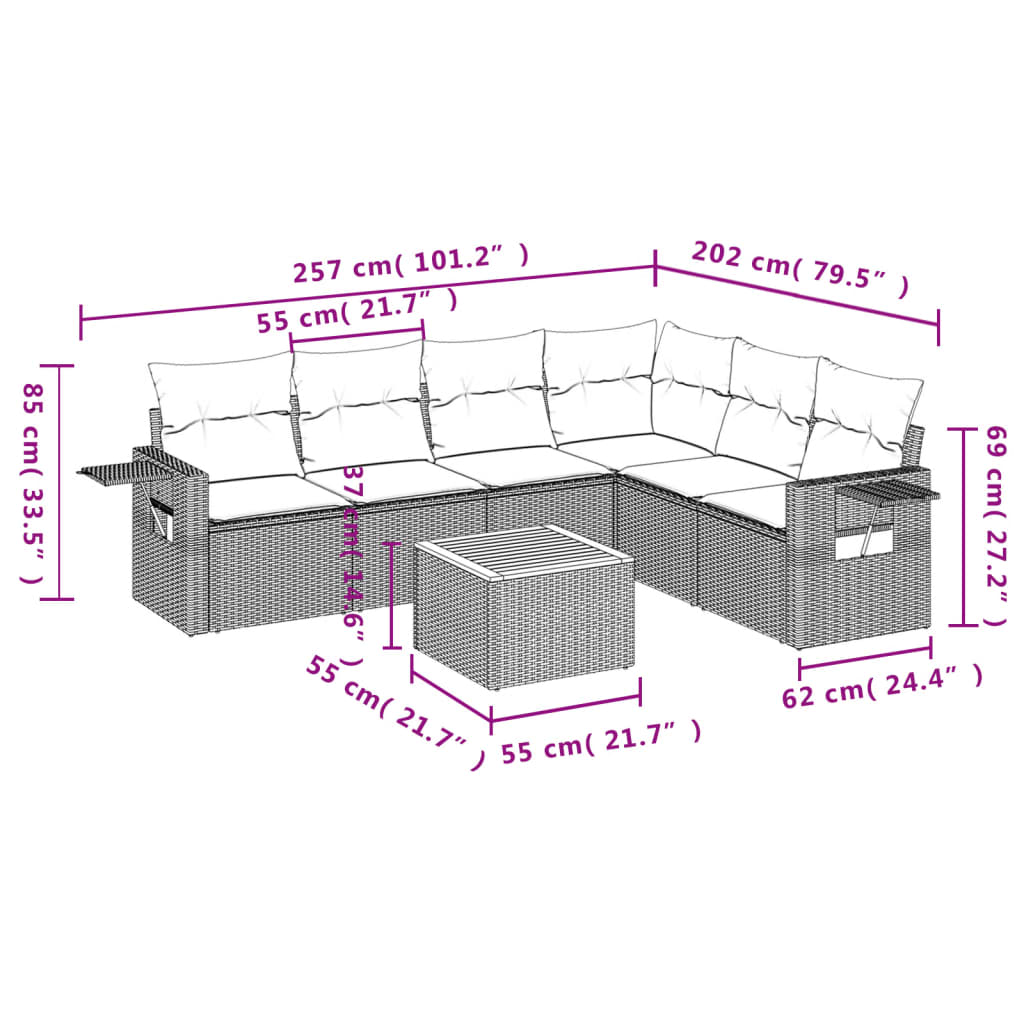 7 pcs conjunto de sofás p/ jardim com almofadões vime PE bege - Image 8