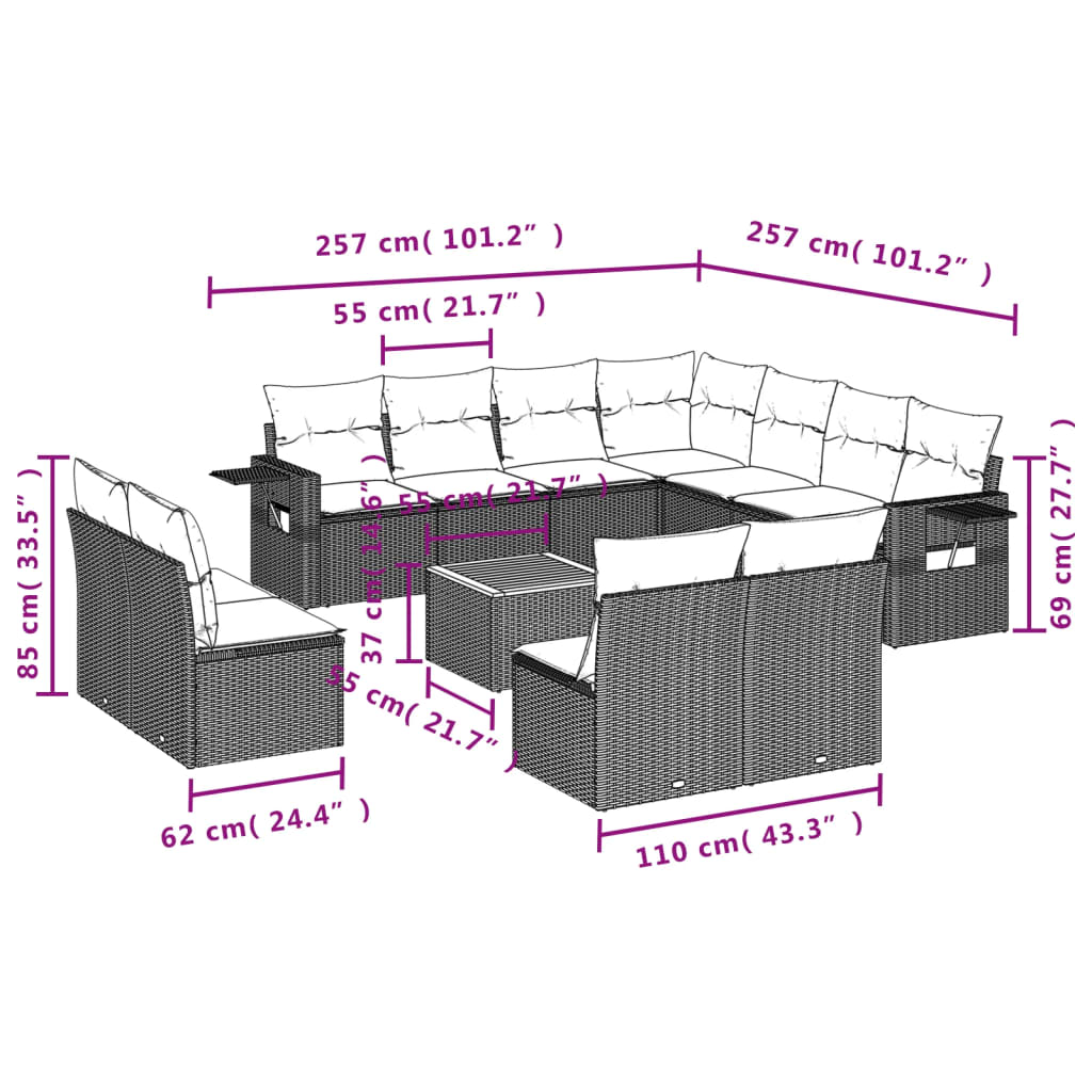 12 pcs conjunto de sofás de jardim c/ almofadões vime PE preto - Image 8
