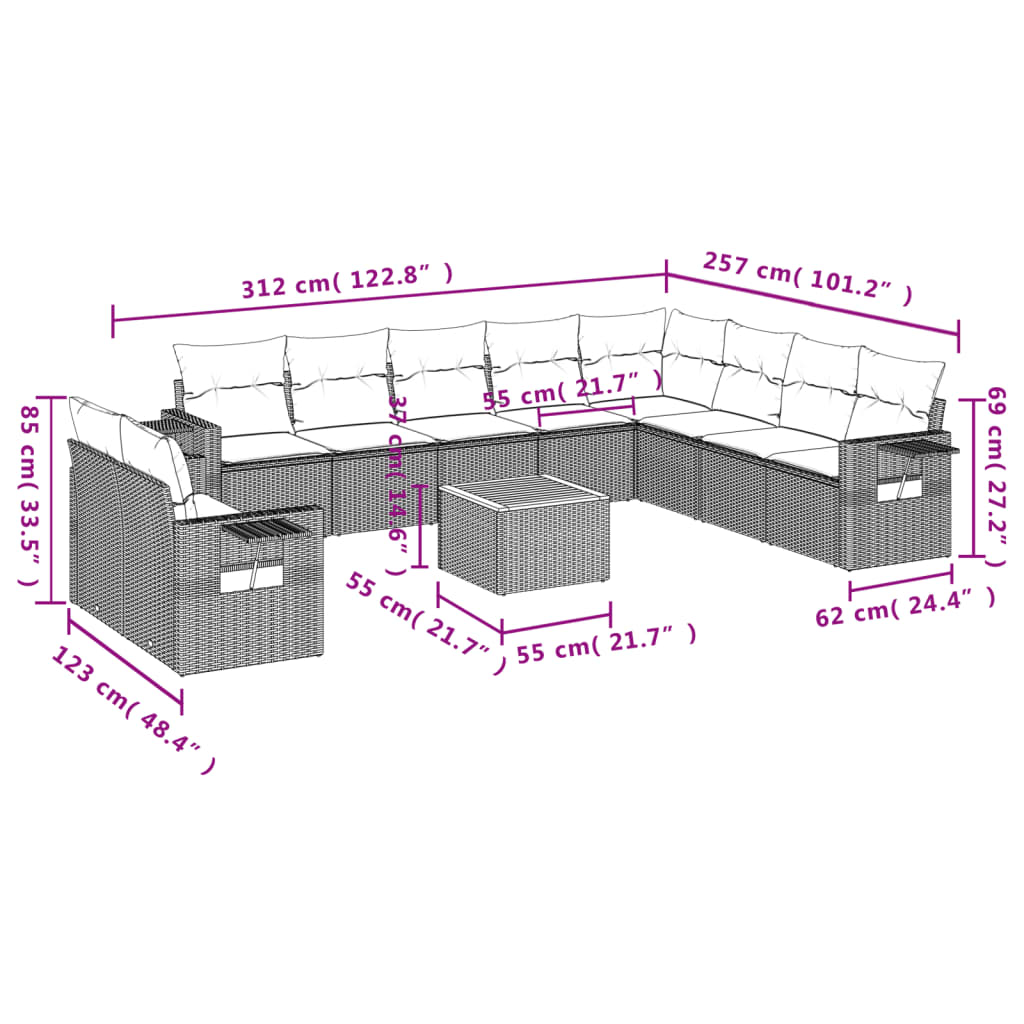11 pcs conjunto sofás de jardim c/ almofadões vime PE preto - Image 8