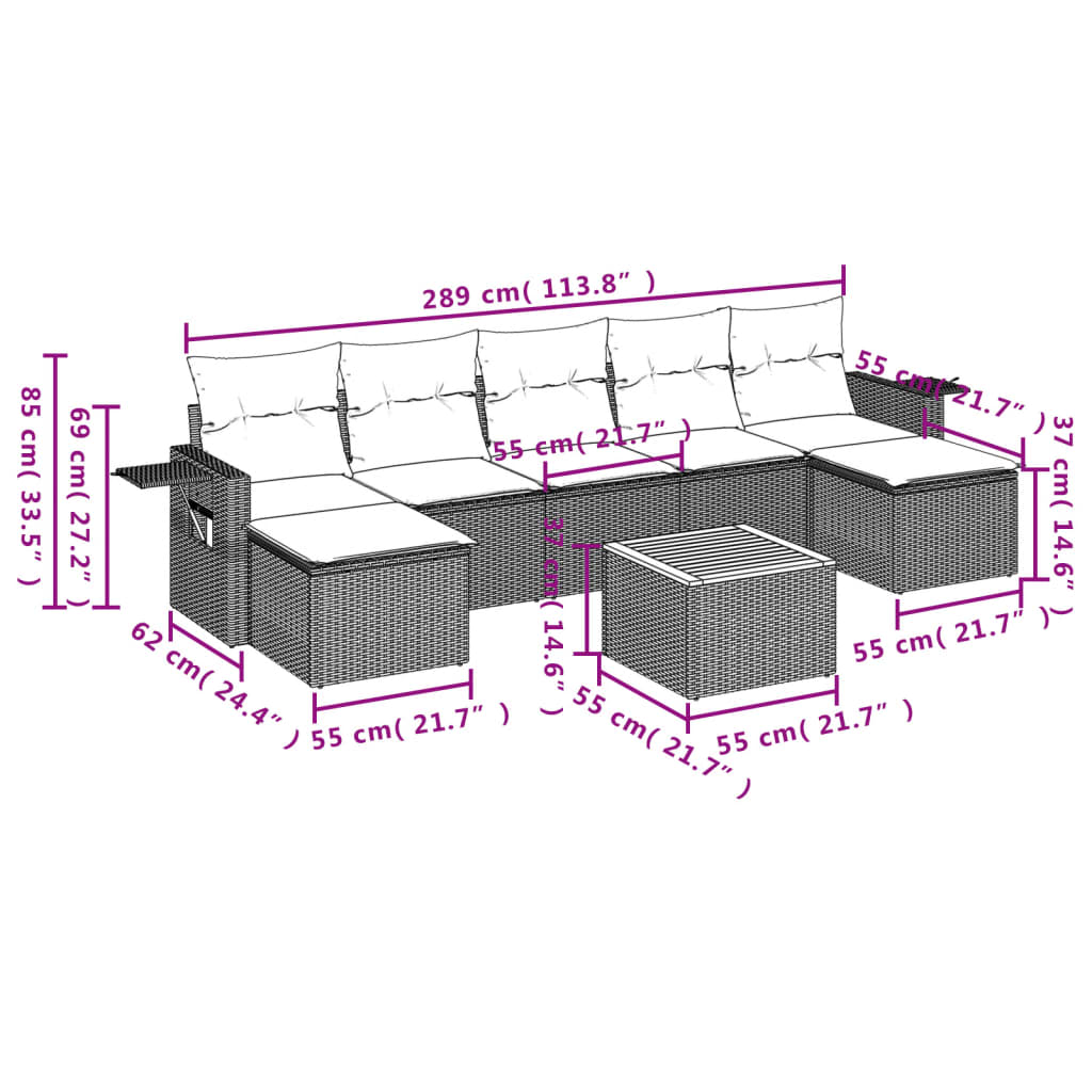 8 pcs conjunto sofás de jardim com almofadões vime PE preto - Image 8