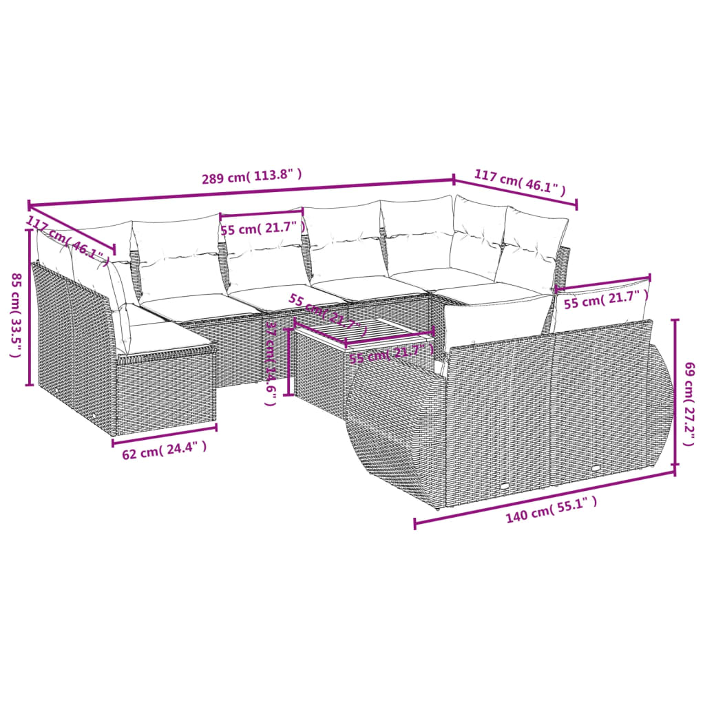 10 pcs conjunto de sofás p/ jardim com almofadões vime PE bege - Image 7