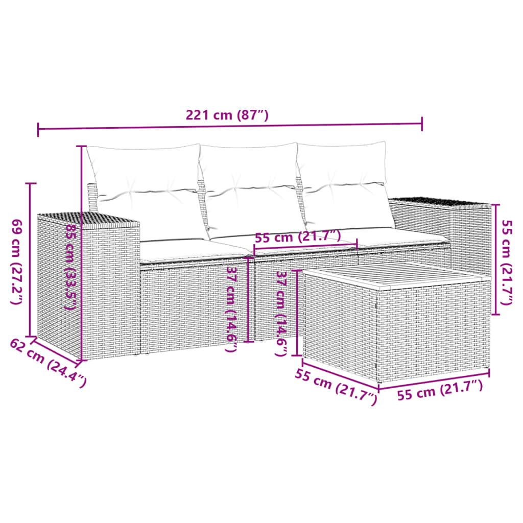 4 pcs conjunto de sofás para jardim c/ almofadões vime PE bege - Image 2