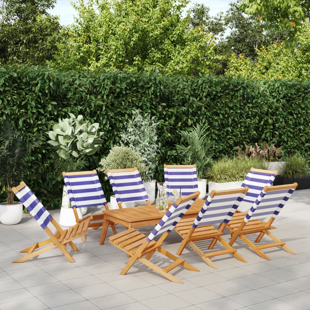 Cadeiras de jardim dobráveis 8 pcs tecido/madeira azul e branco