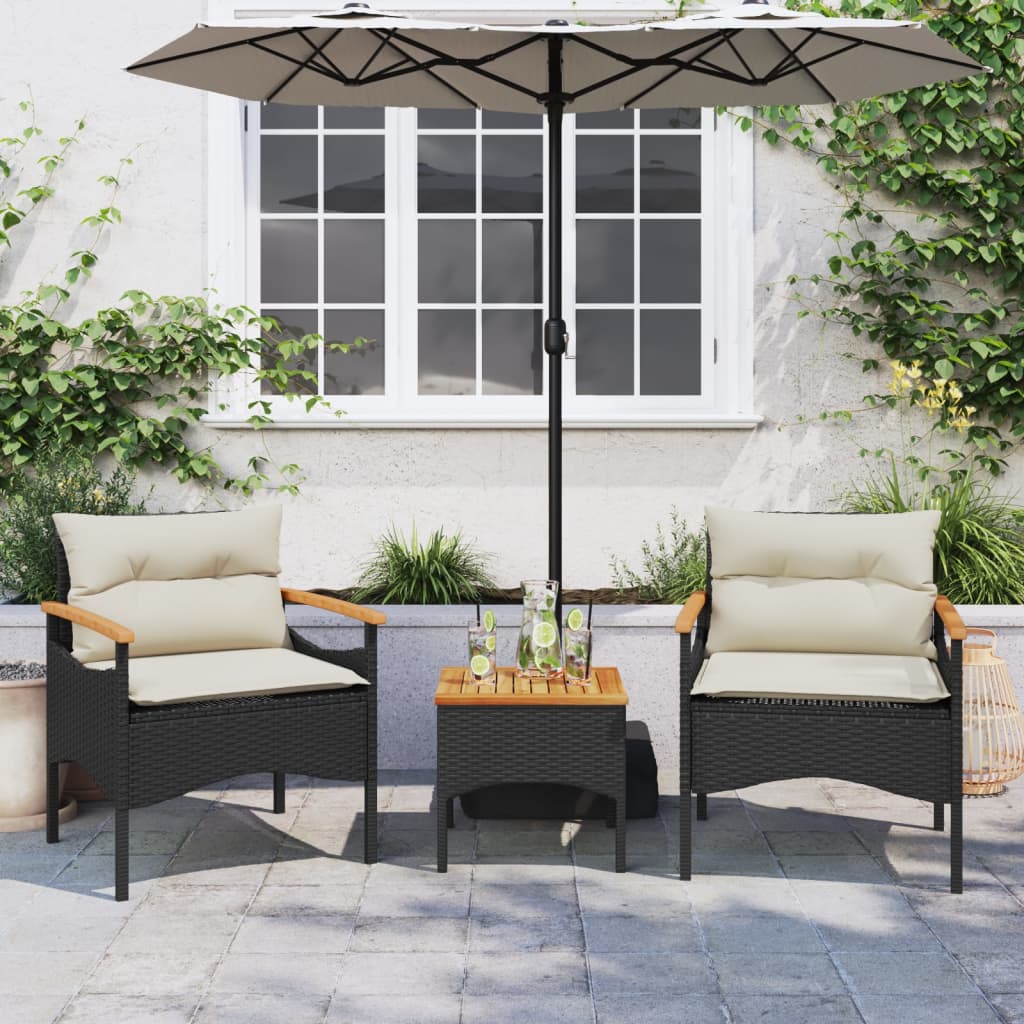 3 pcs conjunto sofás de jardim com almofadões vime PE preto - Image 2