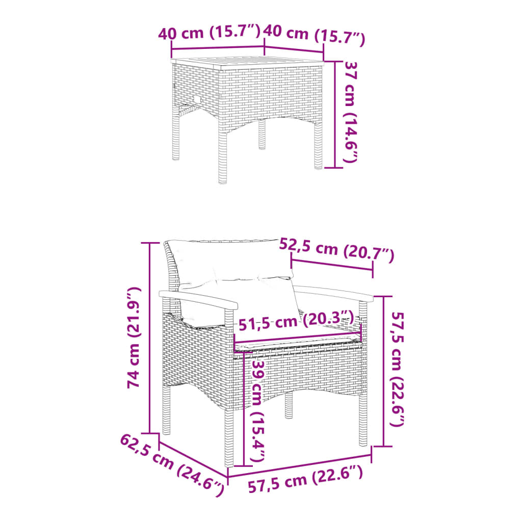 3 pcs conjunto sofás de jardim com almofadões vime PE preto - Image 11