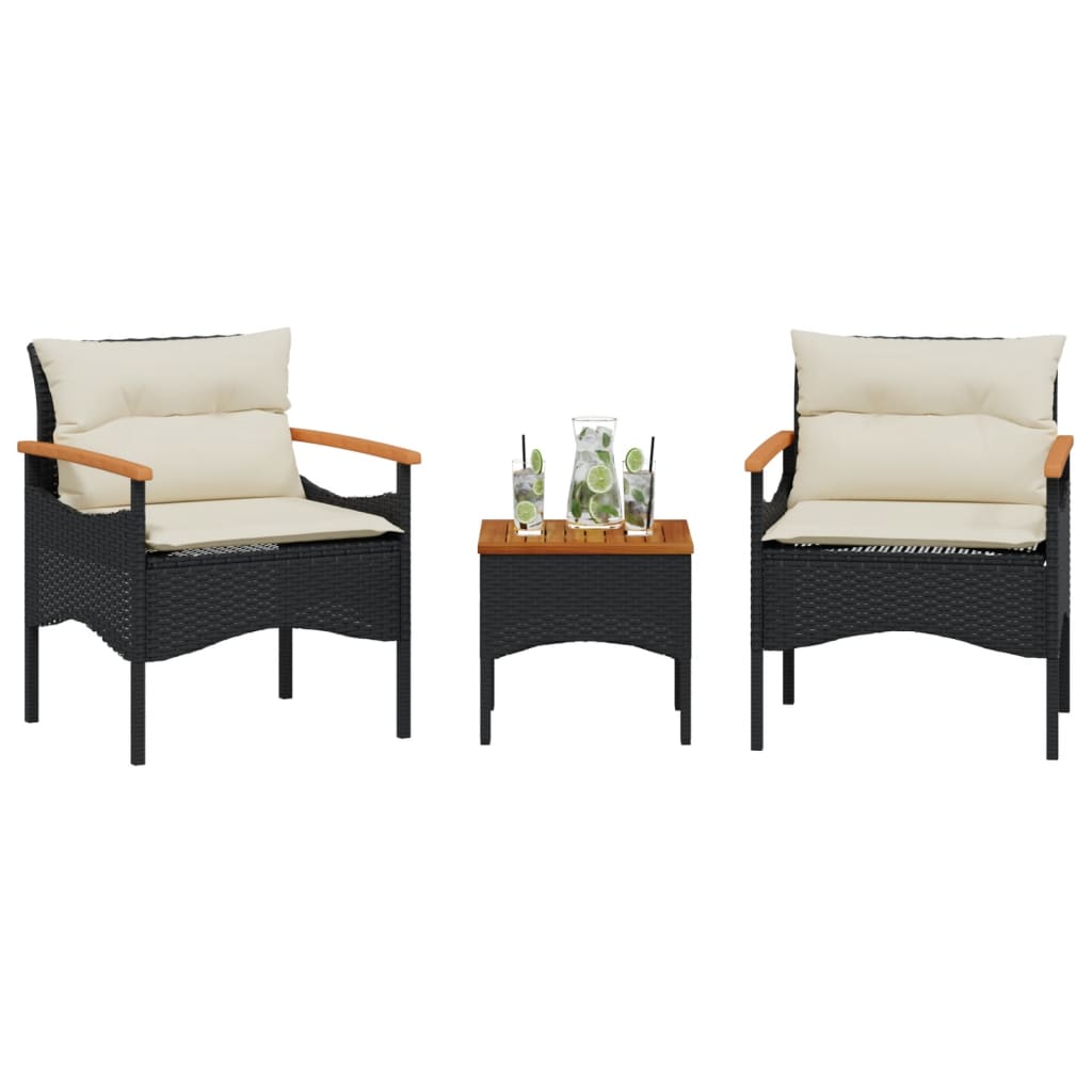 3 pcs conjunto sofás de jardim com almofadões vime PE preto