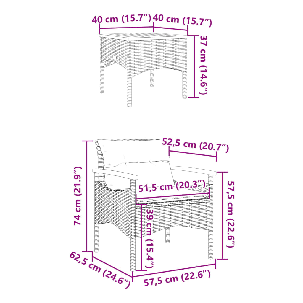 3 pcs conjunto de sofás p/ jardim com almofadões vime PE bege - Image 11