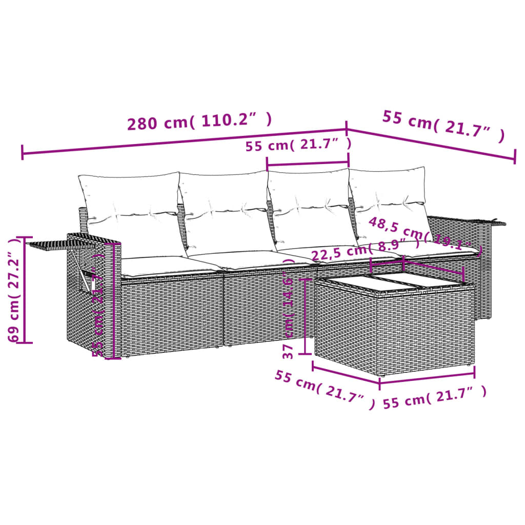 5 pcs conjunto sofás de jardim com almofadões vime PE preto - Image 7