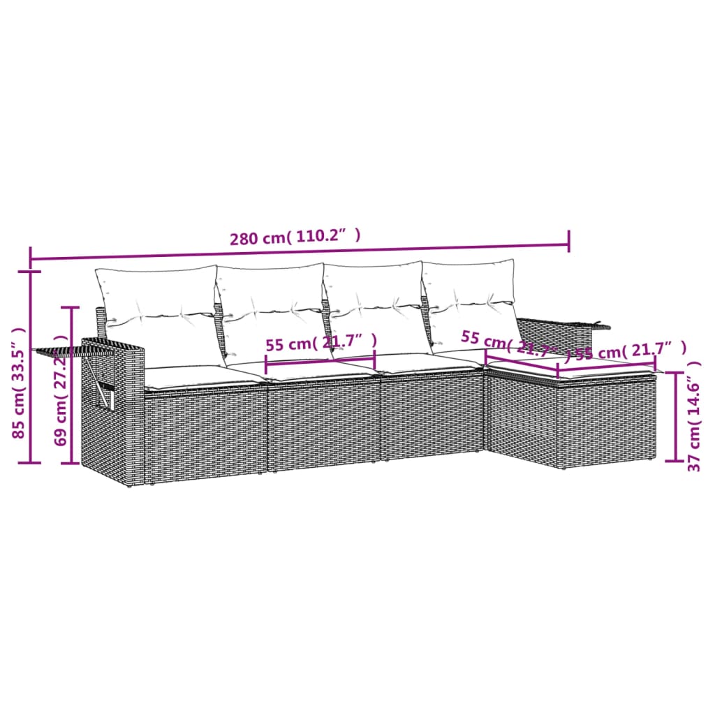 5 pcs conjunto sofás de jardim com almofadões vime PE preto - Image 7