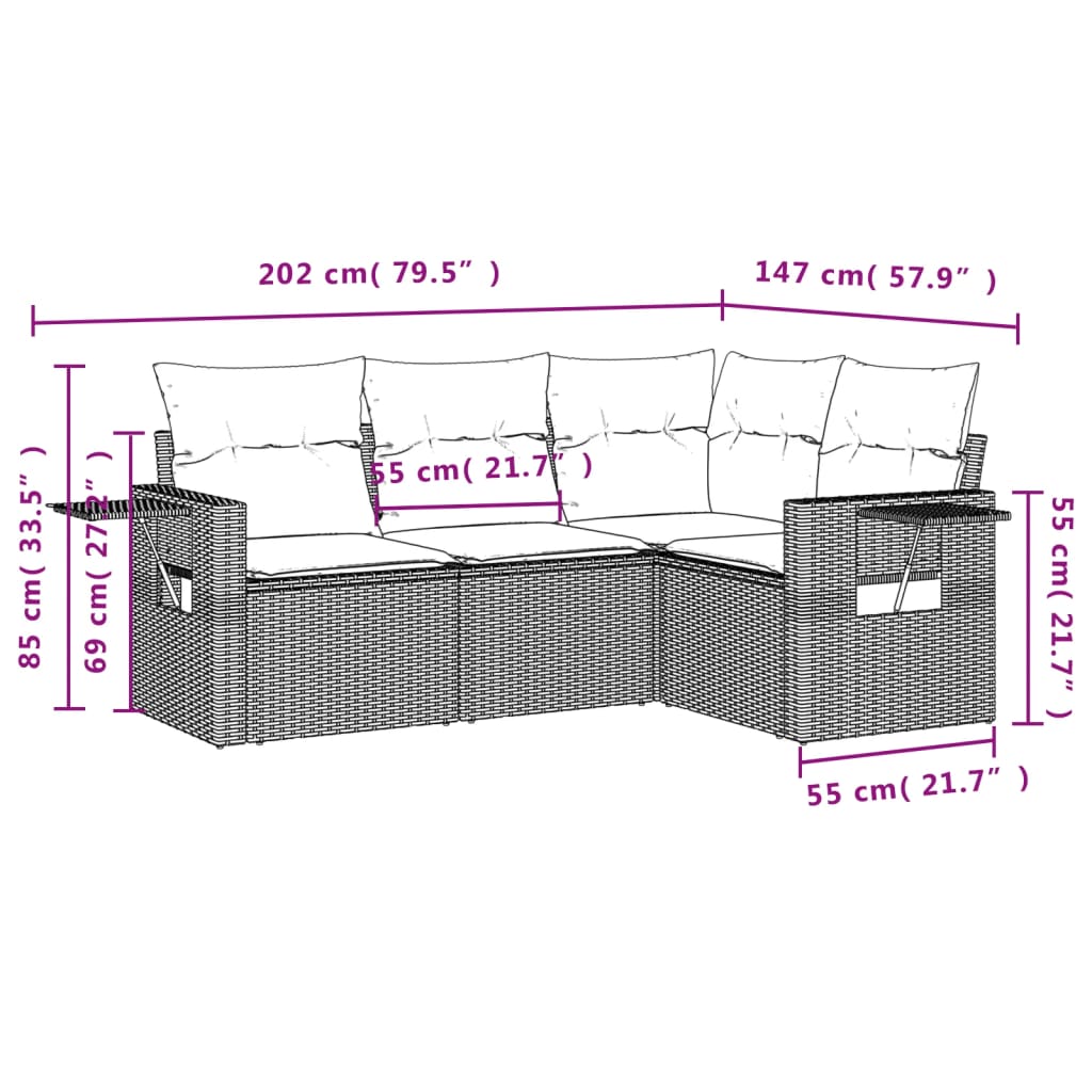 4 pcs conjunto de sofás para jardim c/ almofadões vime PE preto - Image 7
