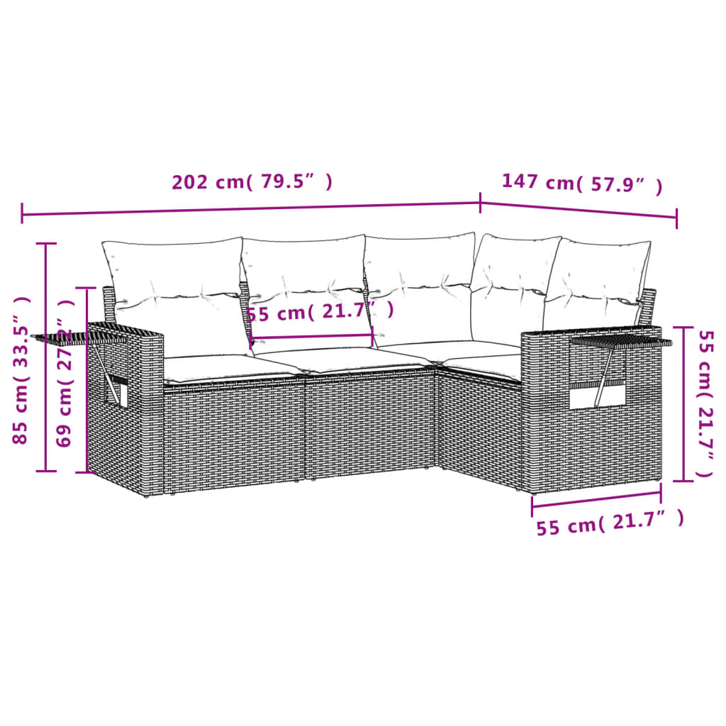 4 pcs conjunto de sofás para jardim c/ almofadões vime PE bege - Image 7