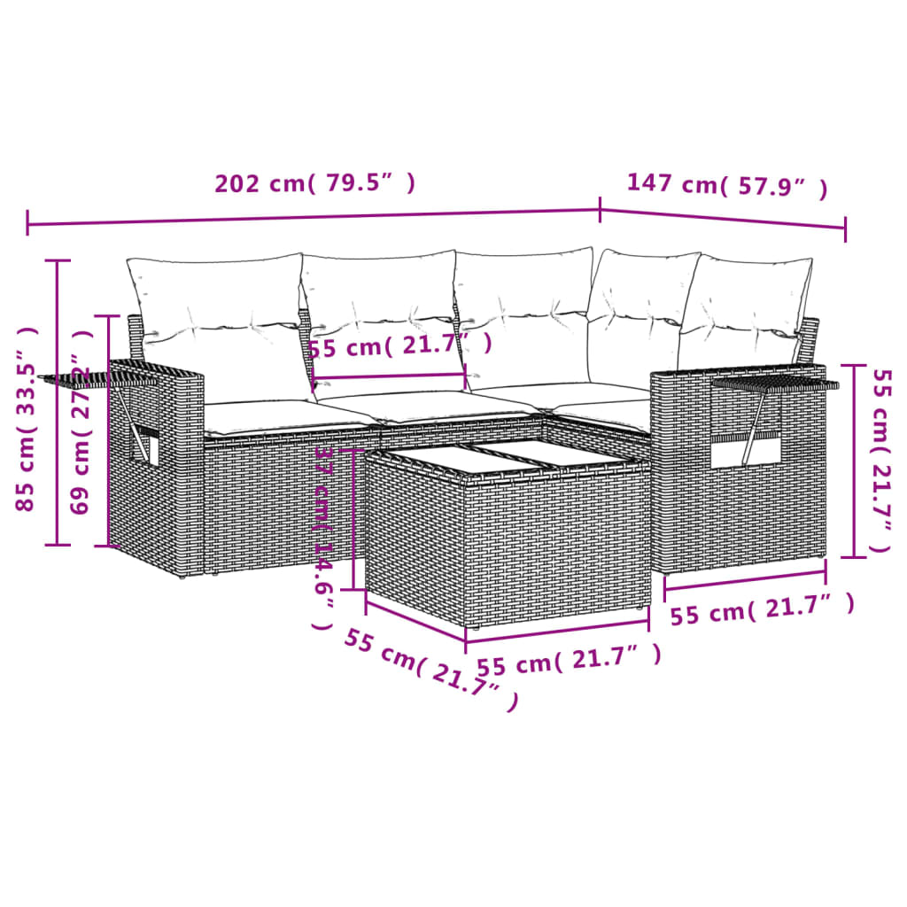 5 pcs conjunto sofás de jardim com almofadões vime PE preto - Image 8