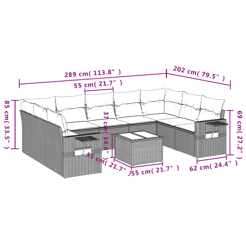 10 pcs conjunto de sofás p/ jardim com almofadões vime PE bege - Image 7