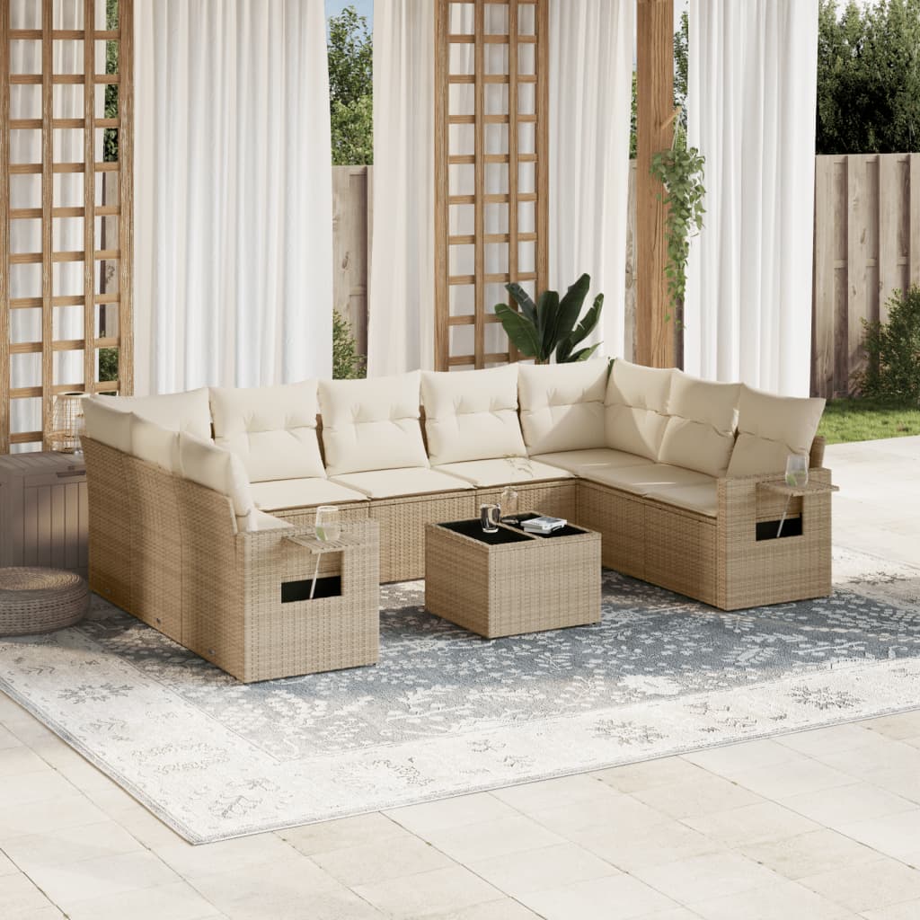 10 pcs conjunto de sofás p/ jardim com almofadões vime PE bege