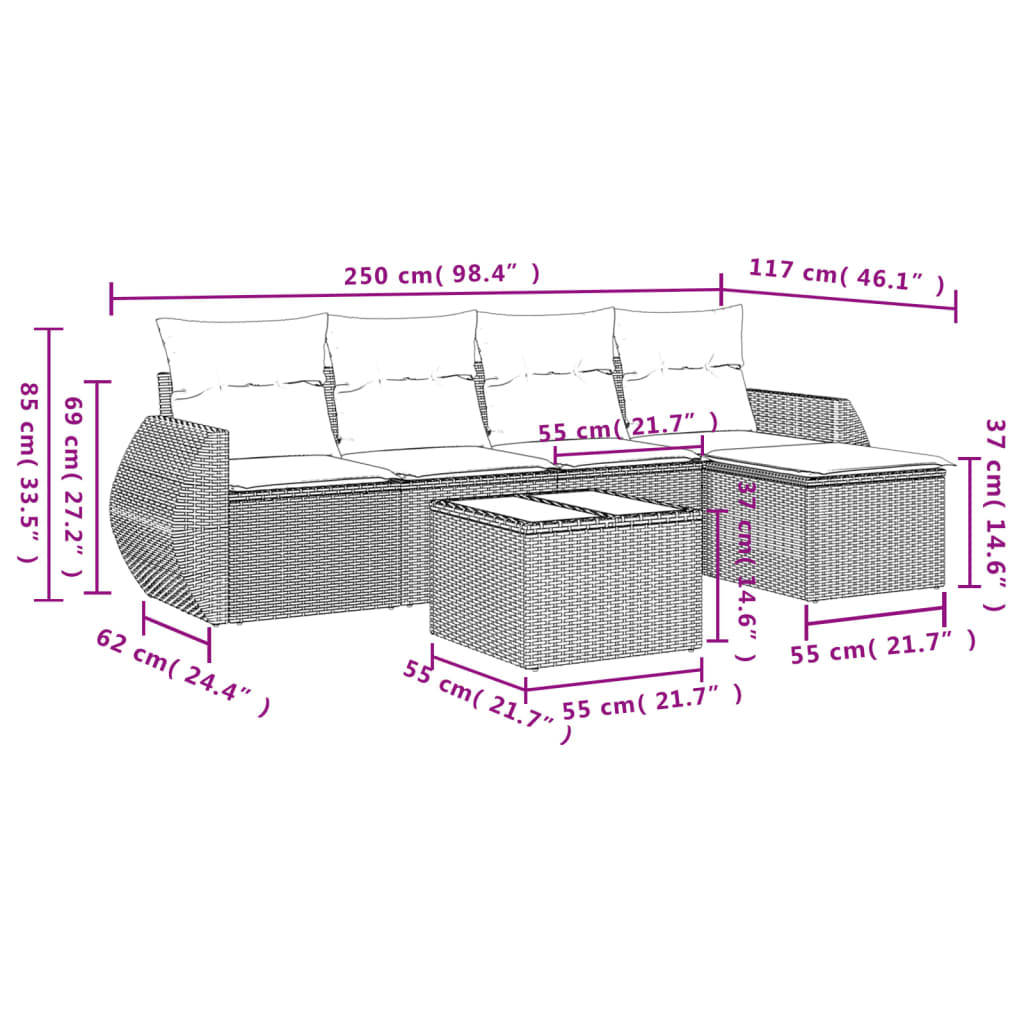 6 pcs conjunto sofás de jardim c/ almofadões vime PE preto - Image 7