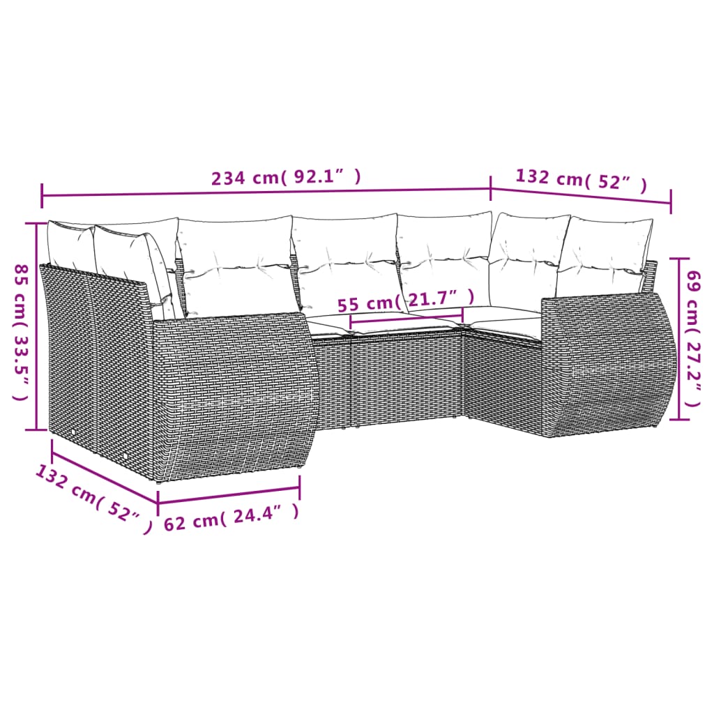 6 pcs conjunto de sofás p/ jardim com almofadões vime PE bege - Image 6