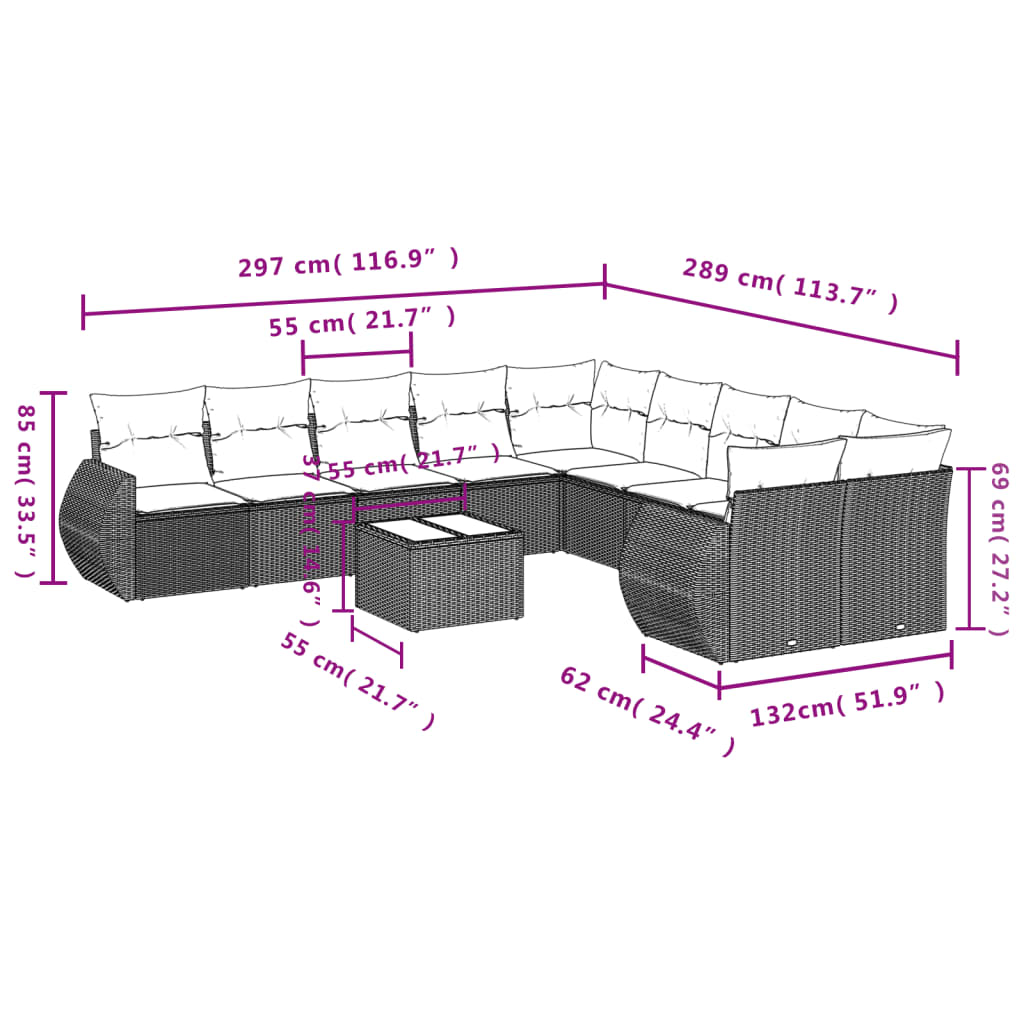 11 pcs conjunto sofás de jardim c/ almofadões vime PE cinzento - Image 7