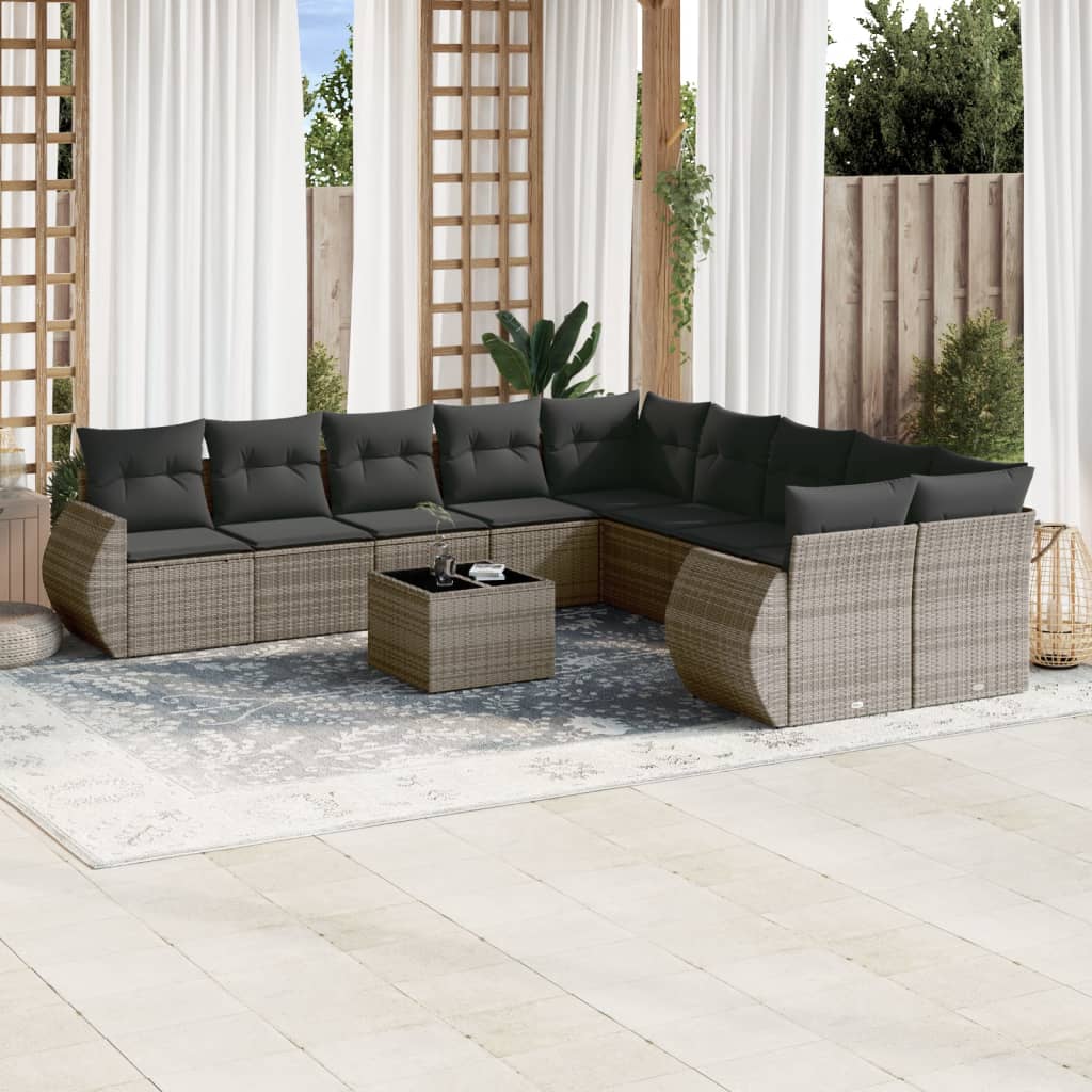 11 pcs conjunto sofás de jardim c/ almofadões vime PE cinzento