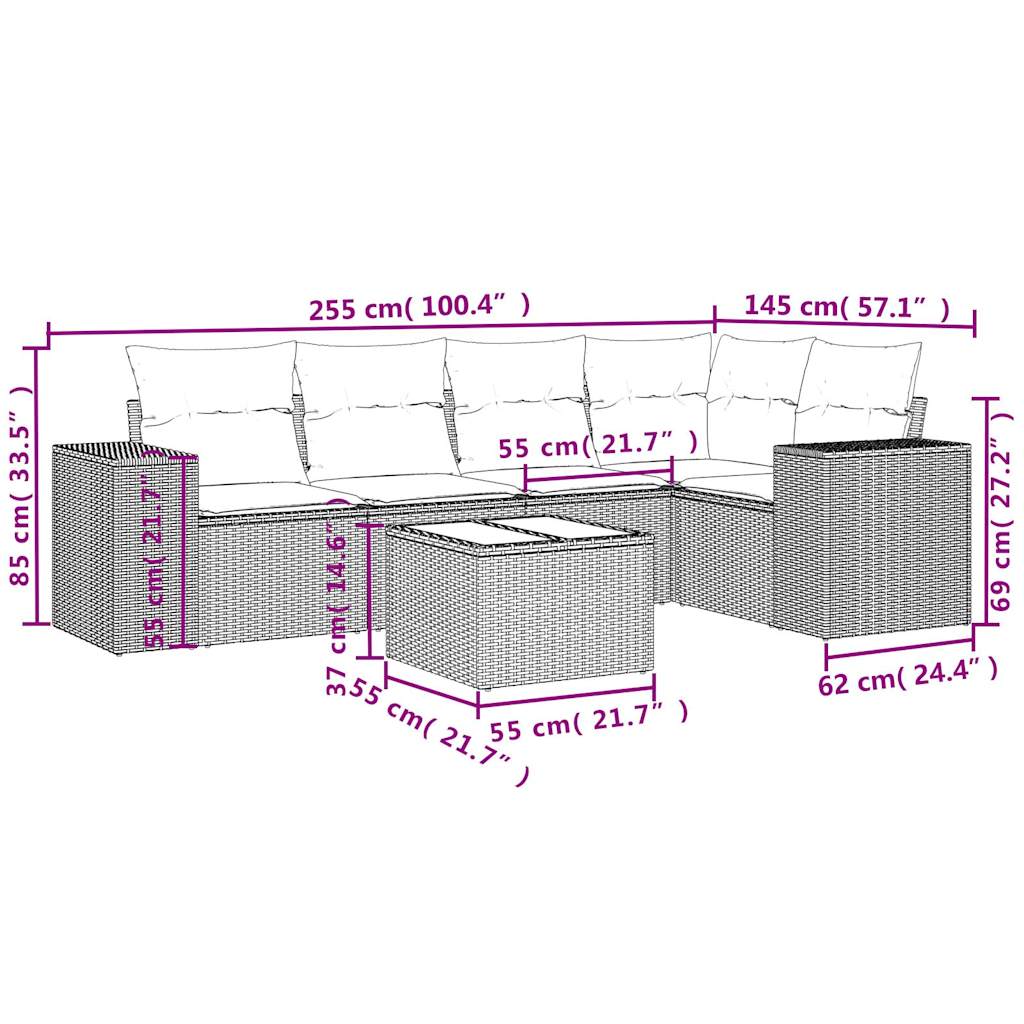 6 pcs conjunto sofás de jardim com almofadões vime cinzento - Image 7