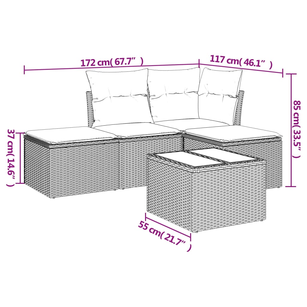 5 pcs conjunto sofás de jardim com almofadões vime PE preto - Image 2