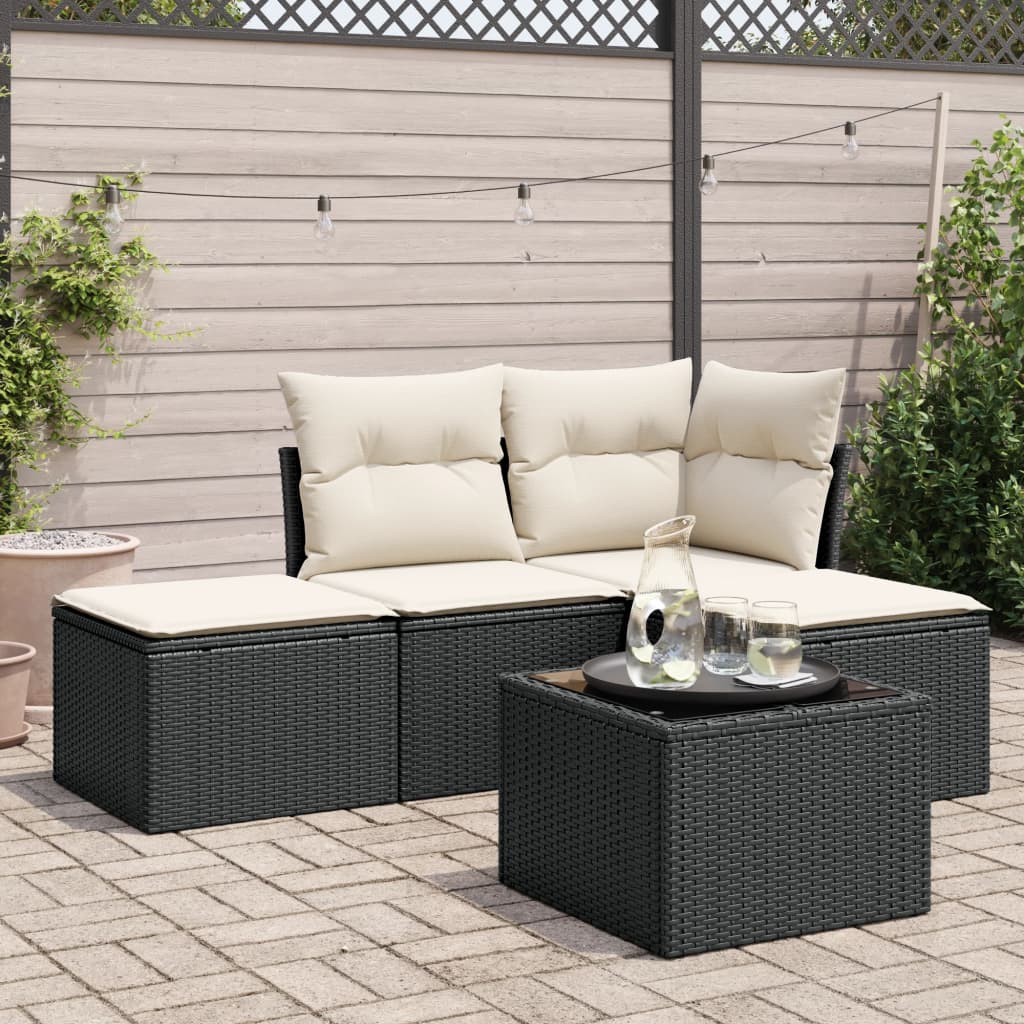 5 pcs conjunto sofás de jardim com almofadões vime PE preto