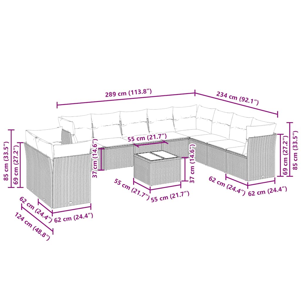 11 pcs conjunto sofás de jardim c/ almofadões vime PE cinzento - Image 2