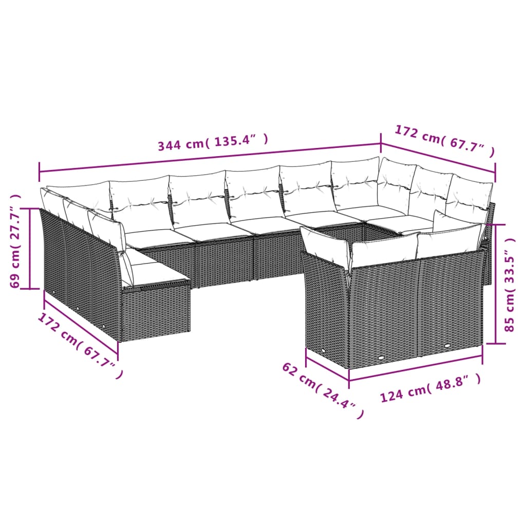 12 pcs conjunto de sofás p/ jardim com almofadões vime PE bege - Image 2