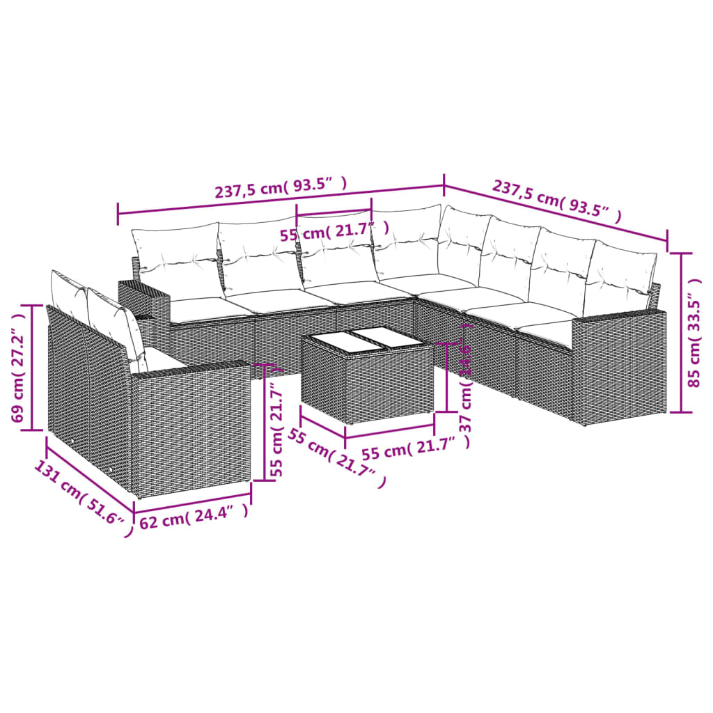 10 pcs conj. sofás jardim com almofadões vime PE cinzento-claro - Image 2
