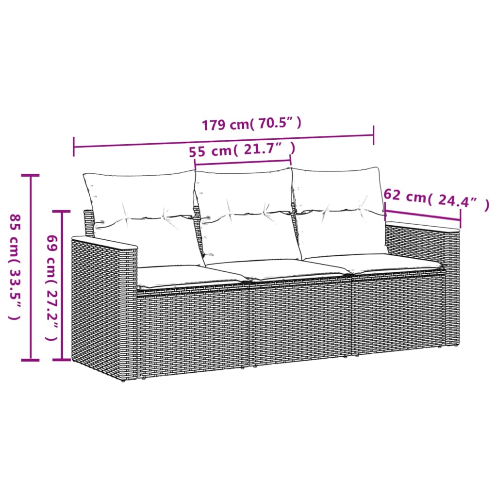3 pcs conjunto sofás de jardim com almofadões vime PE preto - Image 5