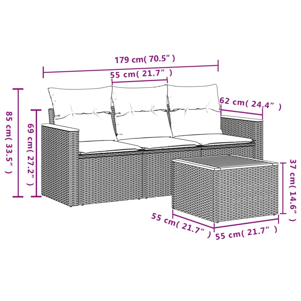 4 pcs conj. sofás jardim c/ almofadões vime PE bege misturado - Image 6