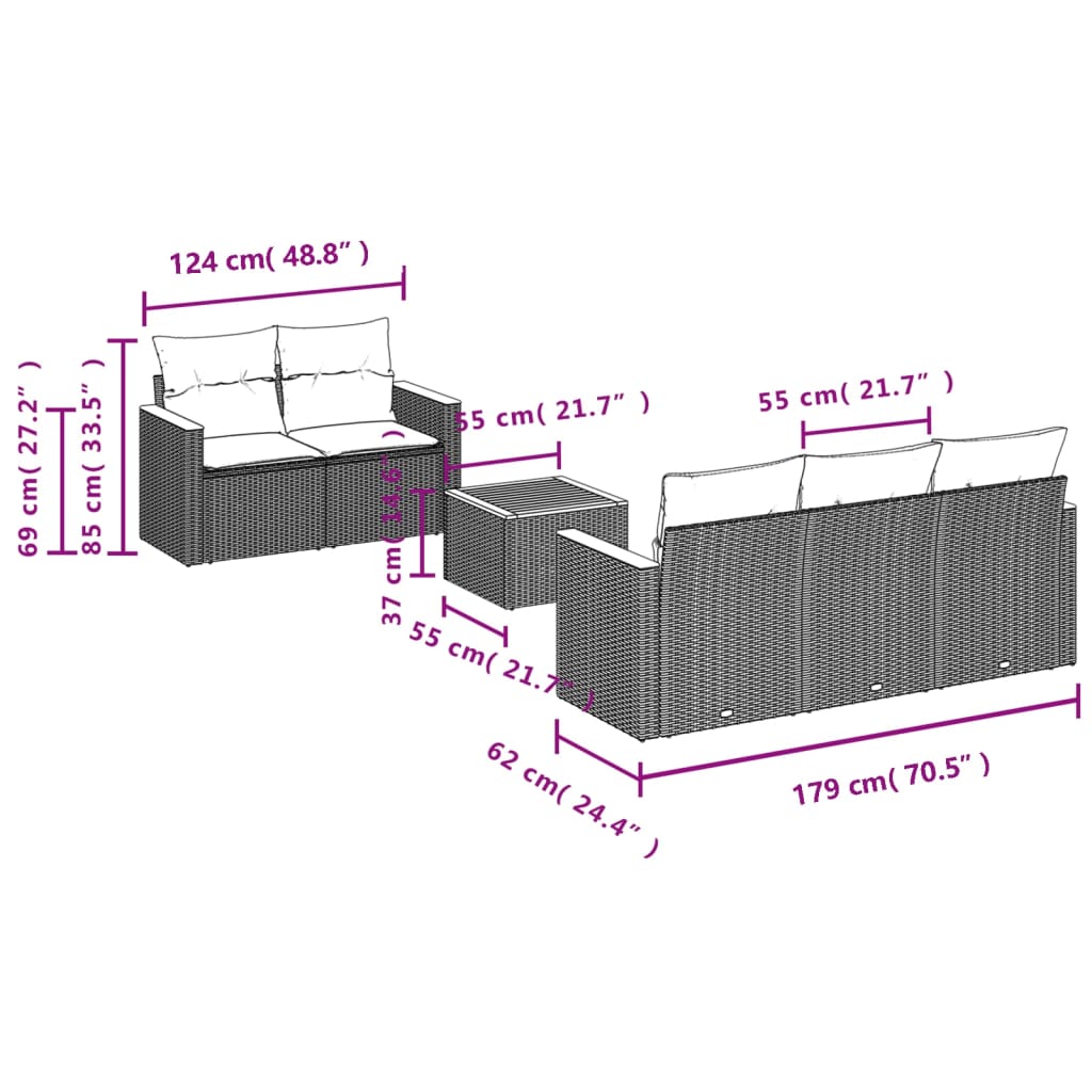 6 pcs conjunto sofás de jardim c/ almofadões vime PE preto - Image 6